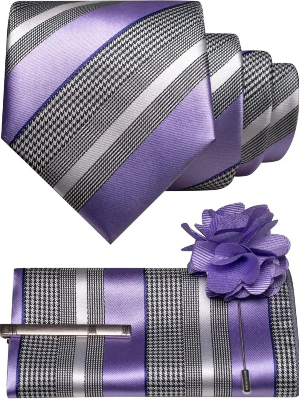 Men's Striped Necktie Set with Lapel Pin, Pocket Square & Tie Clip - 4PCS